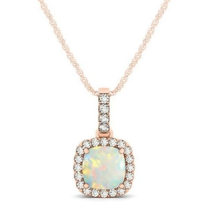 Opal and Diamond Halo Cushion Pendant Necklace 14k Rose Gold 0.71ct - All