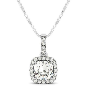 Diamond Halo Cushion Pendant Necklace 14k White Gold 1.49ct - All