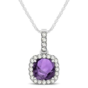 Amethyst and Diamond Halo Cushion Pendant Necklace 14k White Gold 1.66ct - All