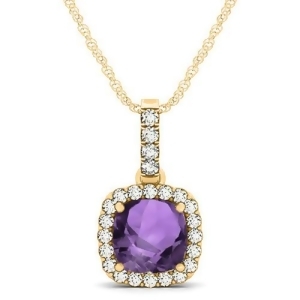 Amethyst and Diamond Halo Cushion Pendant Necklace 14k Yellow Gold 1.66ct - All