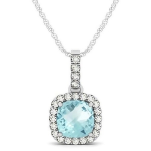 Aquamarine and Diamond Halo Cushion Pendant Necklace 14k White Gold 1.47ct - All