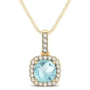 Aquamarine and Diamond Halo Cushion Pendant Necklace 14k Yellow Gold 1.47ct - All