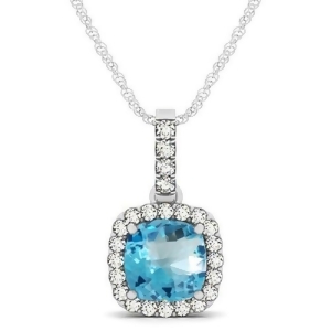 Blue Topaz and Diamond Halo Cushion Pendant Necklace 14k White Gold 1.96ct - All