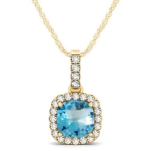 Blue Topaz and Diamond Halo Cushion Pendant Necklace 14k Yellow Gold 1.96ct - All