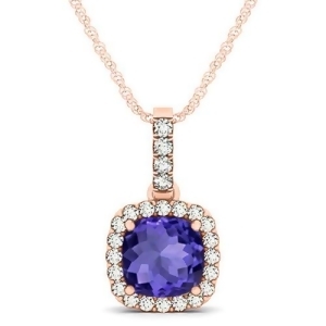 Tanzanite and Diamond Halo Cushion Pendant Necklace 14k Rose Gold 1.94ct - All