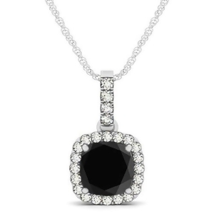 Black Diamond and Diamond Halo Cushion Pendant Necklace 14k White Gold 1.49ct - All