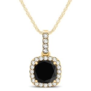 Black Diamond and Diamond Halo Cushion Pendant Necklace 14k Yellow Gold 1.49ct - All