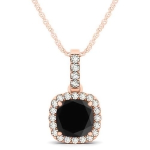 Black Diamond and Diamond Halo Cushion Pendant Necklace 14k Rose Gold 1.49ct - All