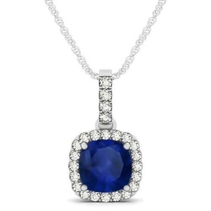 Blue Sapphire and Diamond Halo Cushion Pendant Necklace 14k White Gold 1.94ct - All