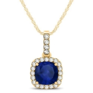 Blue Sapphire and Diamond Halo Cushion Pendant Necklace 14k Yellow Gold 1.94ct - All