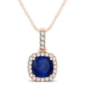 Blue Sapphire and Diamond Halo Cushion Pendant Necklace 14k Rose Gold 1.94ct - All