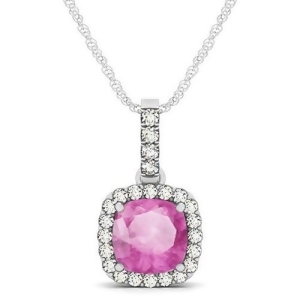 Pink Sapphire and Diamond Halo Cushion Pendant Necklace 14k White Gold 1.94ct - All