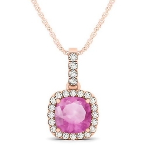 Pink Sapphire and Diamond Halo Cushion Pendant Necklace 14k Rose Gold 1.94ct - All