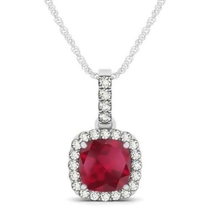 Ruby and Diamond Halo Cushion Pendant Necklace 14k White Gold 1.94ct - All