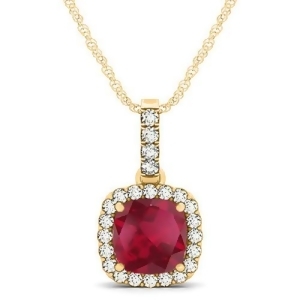Ruby and Diamond Halo Cushion Pendant Necklace 14k Yellow Gold 1.94ct - All