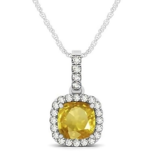 Yellow Sapphire and Diamond Halo Cushion Pendant Necklace 14k White Gold 1.94ct - All