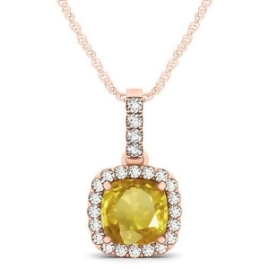 Yellow Sapphire and Diamond Halo Cushion Pendant Necklace 14k Rose Gold 1.94ct - All