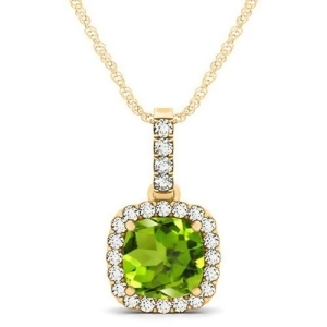 Peridot and Diamond Halo Cushion Pendant Necklace 14k Yellow Gold 1.66ct - All