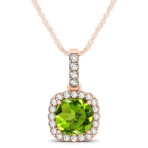 Peridot and Diamond Halo Cushion Pendant Necklace 14k Rose Gold 1.66ct - All