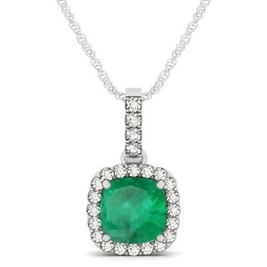 Emerald and Diamond Halo Cushion Pendant Necklace 14k White Gold 1.96ct - All