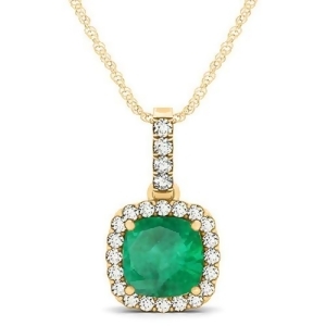Emerald and Diamond Halo Cushion Pendant Necklace 14k Yellow Gold 1.96ct - All