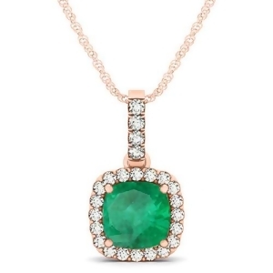 Emerald and Diamond Halo Cushion Pendant Necklace 14k Rose Gold 1.96ct - All