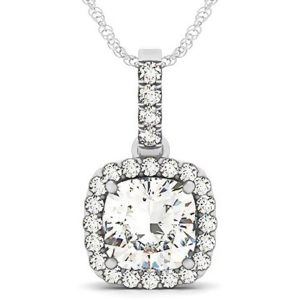 Diamond Halo Cushion Pendant Necklace 14k White Gold 3.00ct - All