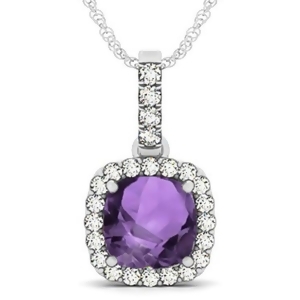 Amethyst and Diamond Halo Cushion Pendant Necklace 14k White Gold 4.05ct - All
