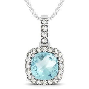 Aquamarine and Diamond Halo Cushion Pendant Necklace 14k White Gold 4.05ct - All