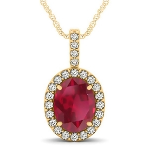 Ruby and Diamond Halo Oval Pendant Necklace 14k Yellow Gold 3.37ct - All