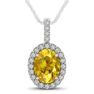 Yellow Sapphire and Diamond Halo Oval Pendant Necklace 14k White Gold 3.37ct - All