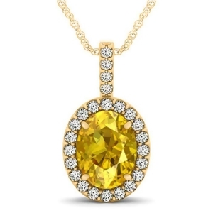 Yellow Sapphire and Diamond Halo Oval Pendant Necklace 14k Yellow Gold 3.37ct - All