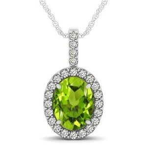Peridot and Diamond Halo Oval Pendant Necklace 14k White Gold 2.47ct - All