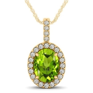Peridot and Diamond Halo Oval Pendant Necklace 14k Yellow Gold 2.47ct - All