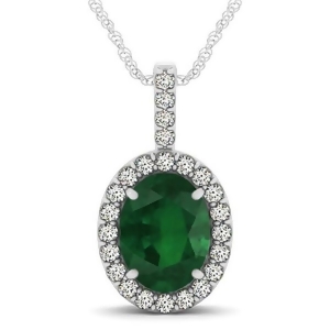 Emerald and Diamond Halo Oval Pendant Necklace 14k White Gold 2.47ct - All