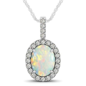 Opal and Diamond Halo Oval Pendant Necklace 14k White Gold 1.90ct - All