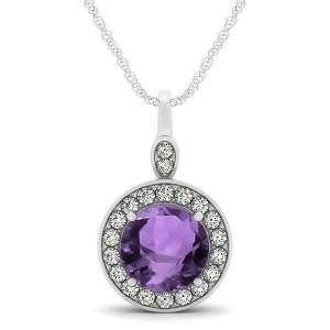Round Amethyst and Diamond Halo Pendant Necklace 14k White Gold 1.80ct - All