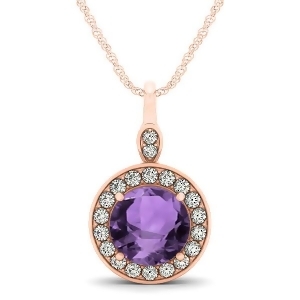 Round Amethyst and Diamond Halo Pendant Necklace 14k Rose Gold 1.80ct - All