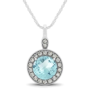Round Aquamarine and Diamond Halo Pendant Necklace 14k White Gold 2.22ct - All