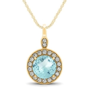 Round Aquamarine and Diamond Halo Pendant Necklace 14k Yellow Gold 2.22ct - All