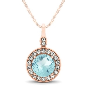 Round Aquamarine and Diamond Halo Pendant Necklace 14k Rose Gold 2.22ct - All