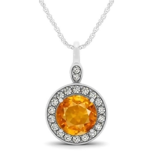 Round Citrine and Diamond Halo Pendant Necklace 14k White Gold 1.80ct - All