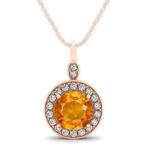 Round Citrine and Diamond Halo Pendant Necklace 14k Rose Gold 1.80ct - All