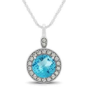Round Blue Topaz and Diamond Halo Pendant Necklace 14k White Gold 2.22ct - All