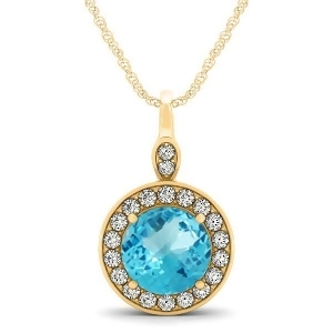 Round Blue Topaz and Diamond Halo Pendant Necklace 14k Yellow Gold 2.22ct - All