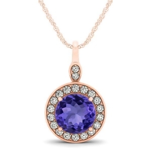 Round Tanzanite and Diamond Halo Pendant Necklace 14k Rose Gold 2.30ct - All