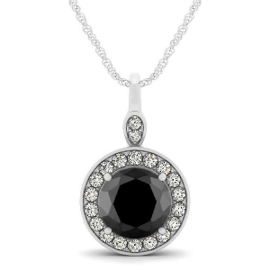 Round Black Diamond and Diamond Halo Pendant Necklace 14k White Gold 1.80ct - All