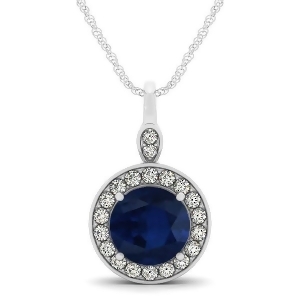 Round Blue Sapphire and Diamond Halo Pendant Necklace 14k White Gold 2.30ct - All