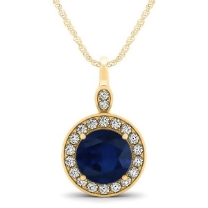 Round Blue Sapphire and Diamond Halo Pendant Necklace 14k Yellow Gold 2.30ct - All
