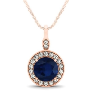 Round Blue Sapphire and Diamond Halo Pendant Necklace 14k Rose Gold 2.30ct - All